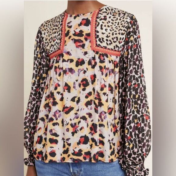 Anthropologie Bl^nk London JOELLE leopard print braid trim viscose boho top. Sm - Picture 1 of 9